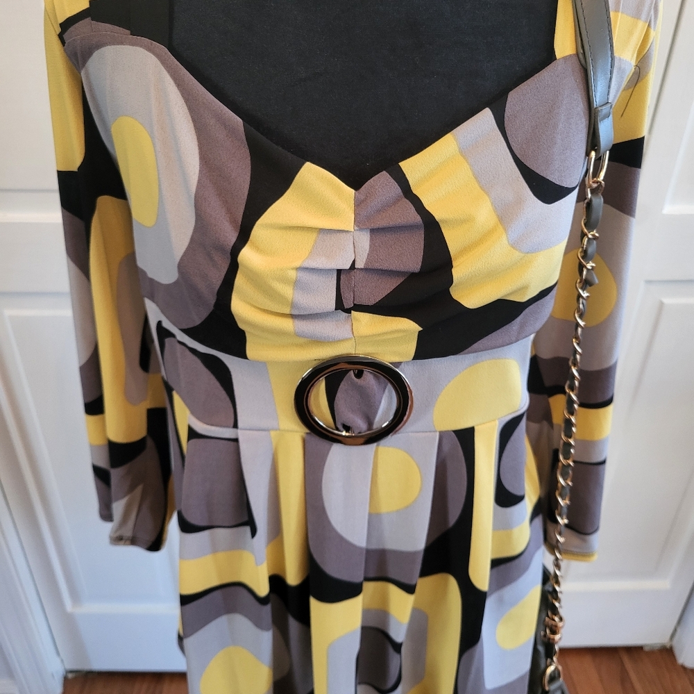 Vintage, y2k,Geometric Yellow and Gray Babydoll Silver Buckle XL Retro Twee - Picture 3 of 9